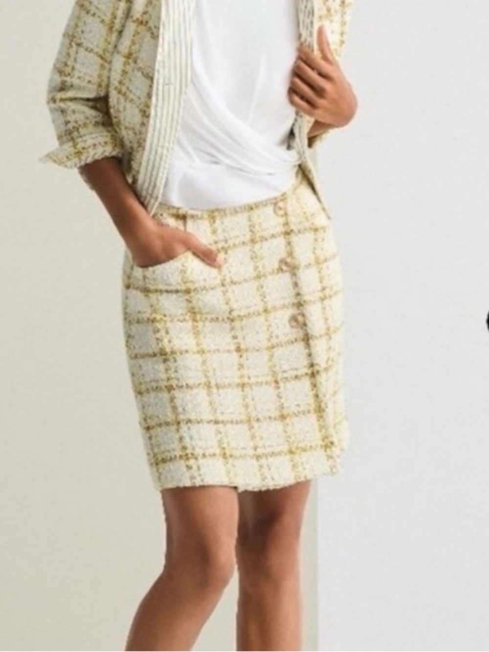 Cabi Coco yellow white plaid tweed skirt faux wrap button front